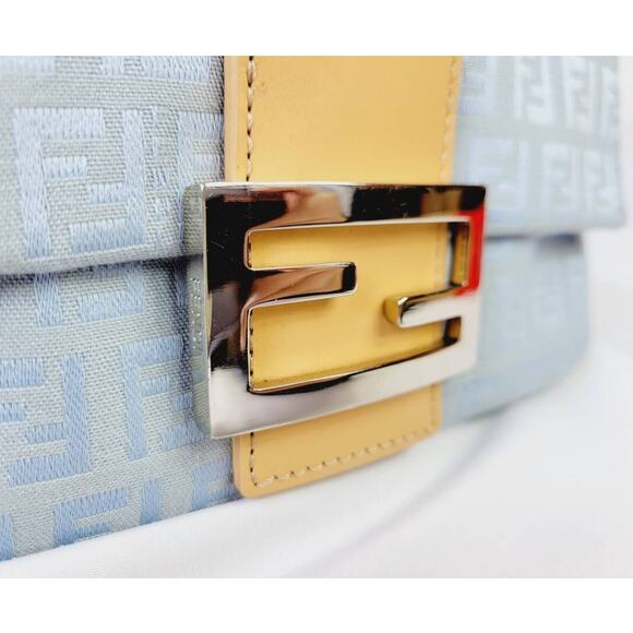 Authentic FENDI Mamma Zucca Bucket Baguette Pastel Blue Flap Bag Purse Tote FF - Picture 5 of 10